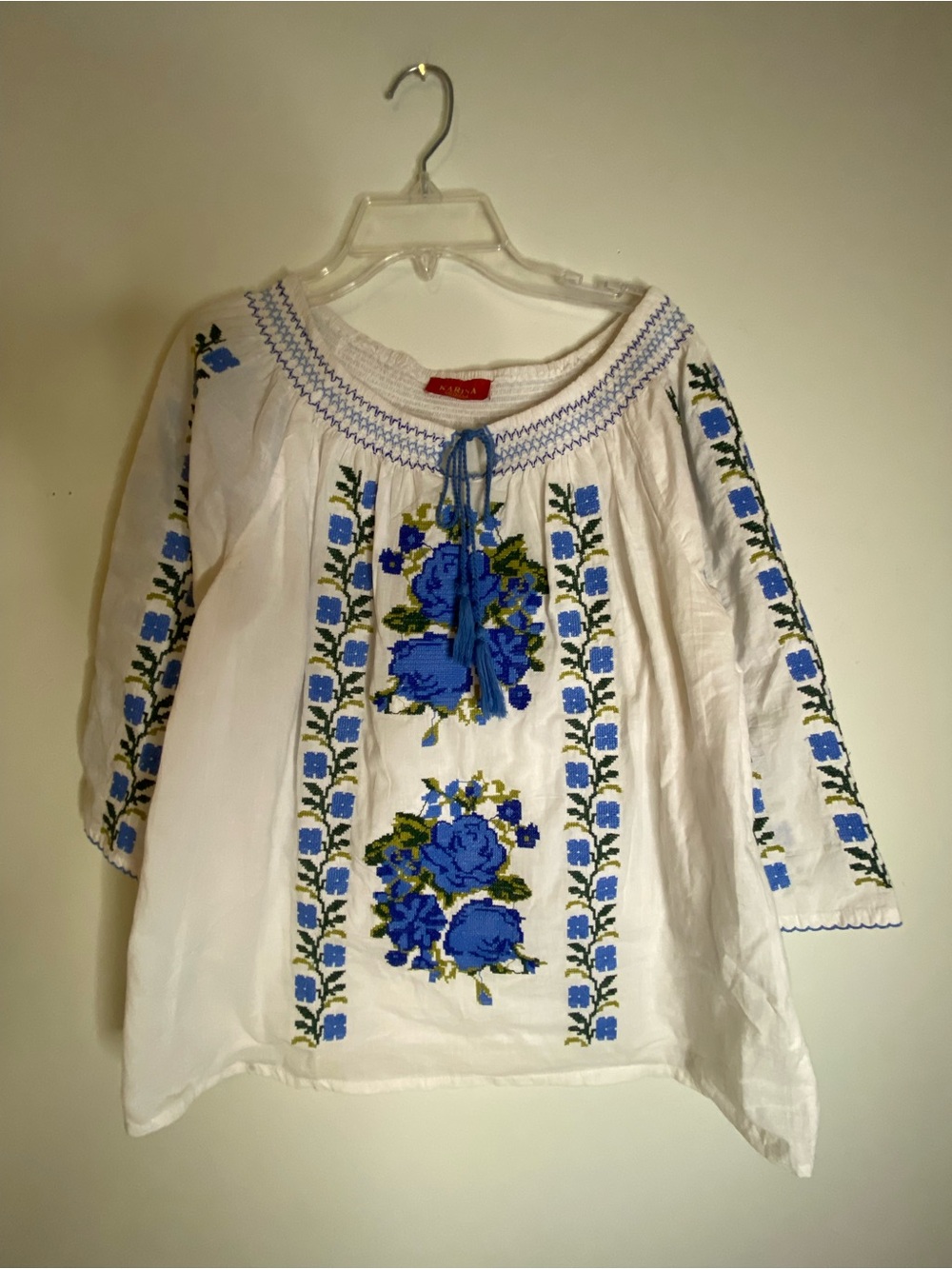 Embroidered White Peasant Blouse with Blue Floral Design
